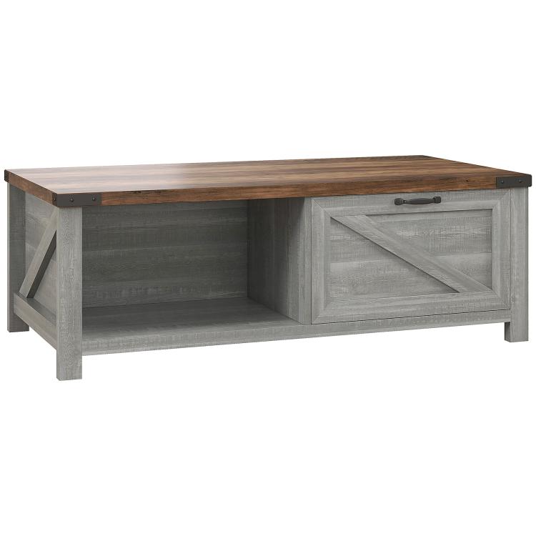 Gray coffee table with storage drawer and open shelf, distressed farmhouse style