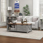 Gray storage coffee table with wood top, barn-door cabinet, and open shelving