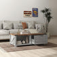 Farmhouse living room coffee table with wood top, drawer, and open shelf