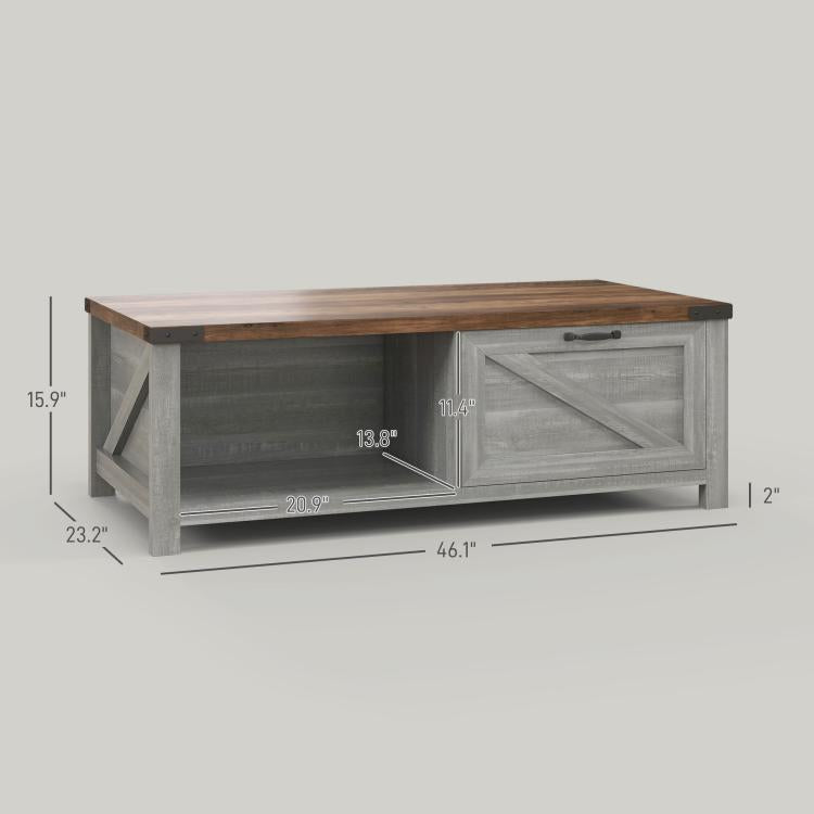 Gray and wood coffee table with open storage shelf and cabinet drawer