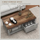 Coffee table with wood top and gray open shelves plus cabinet drawer