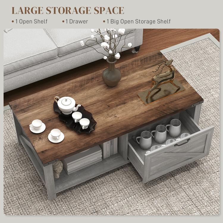 Coffee table with wood top and gray open shelves plus cabinet drawer
