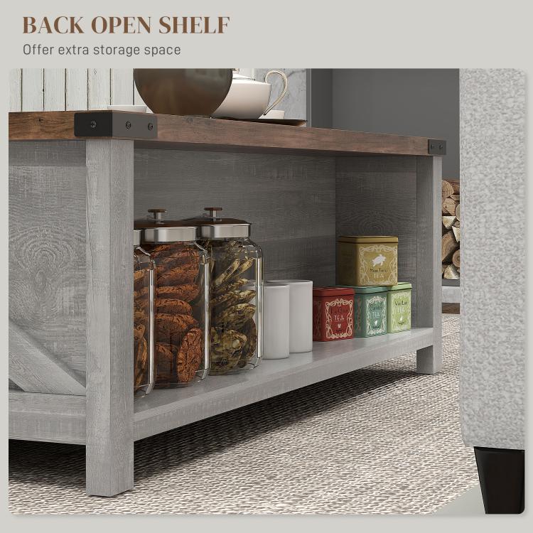 Gray coffee table showing interior open shelf storage under the wood top