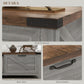 Coffee table hardware detail: barn-door style front and retro curved handle