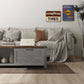 Gray storage coffee table with wood top, open shelf, and central cabinet door