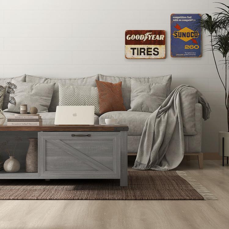 Gray storage coffee table with wood top, open shelf, and central cabinet door
