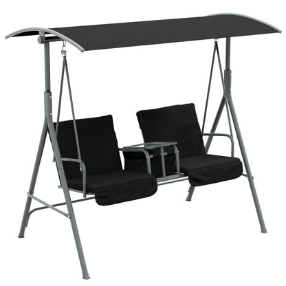 Two-seat outdoor porch swing with canopy, black cushions, gray metal frame and table