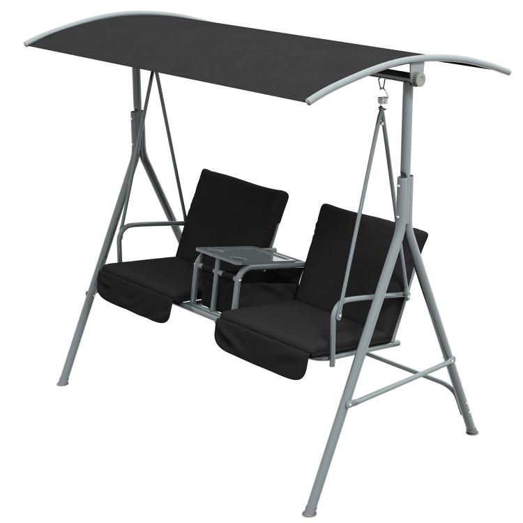 Two-seat outdoor swing with adjustable canopy, black seat cushions and gray frame