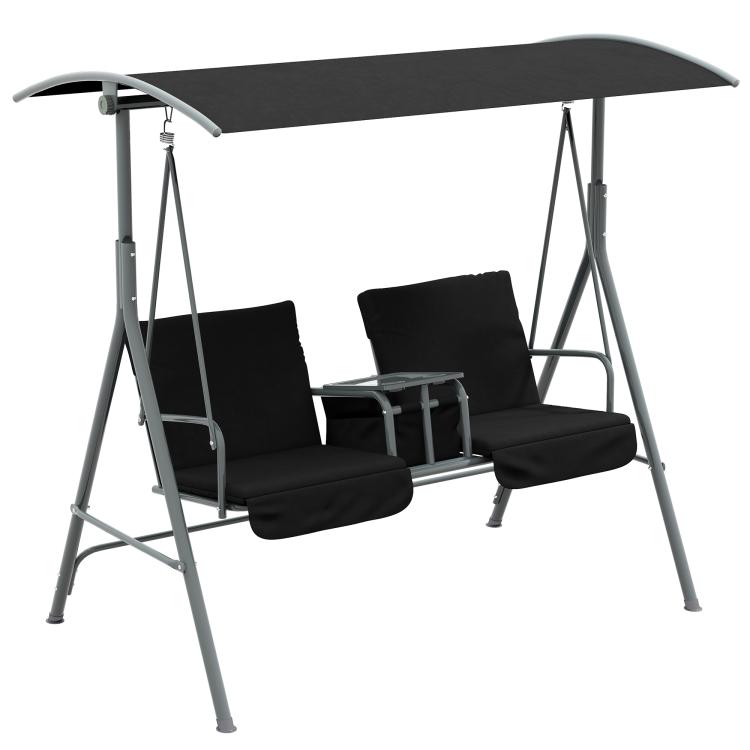 Outdoor porch swing with canopy and two-seat bench with dark cushions