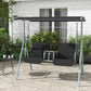 Outdoor porch swing with canopy and built-in table, black cushions on gray frame