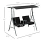 Two-seat porch swing with canopy and table, black cushions, gray frame (with measurements)