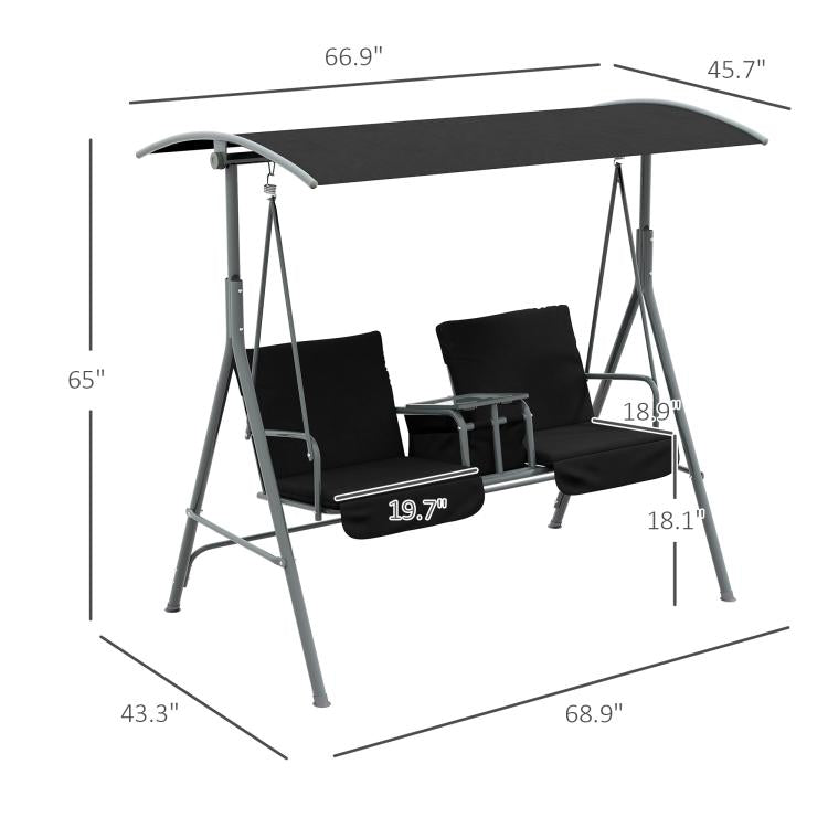 Two-seat porch swing with canopy and table, black cushions, gray frame (with measurements)