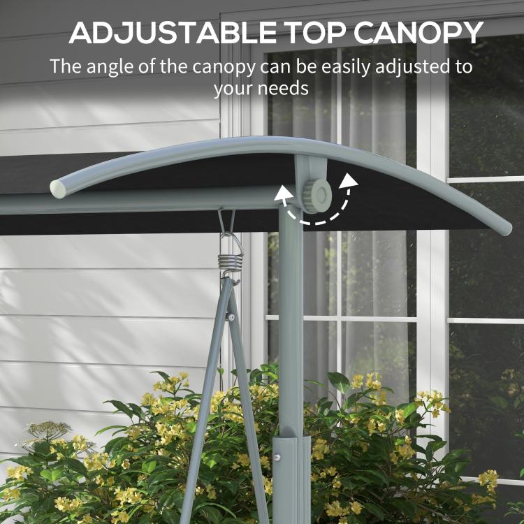 Adjustable canopy top on two-seat porch swing with gray frame and black fabric