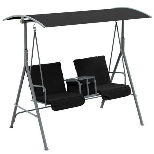 Two-seat outdoor porch swing with canopy, black cushions, gray metal frame and table