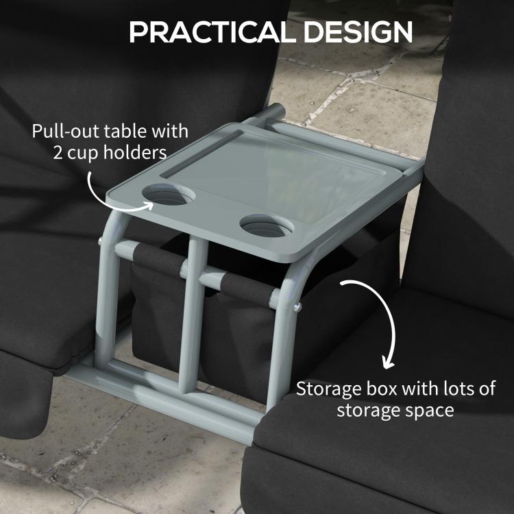 Pull-out table with cup holders on porch swing, black cushions and gray frame