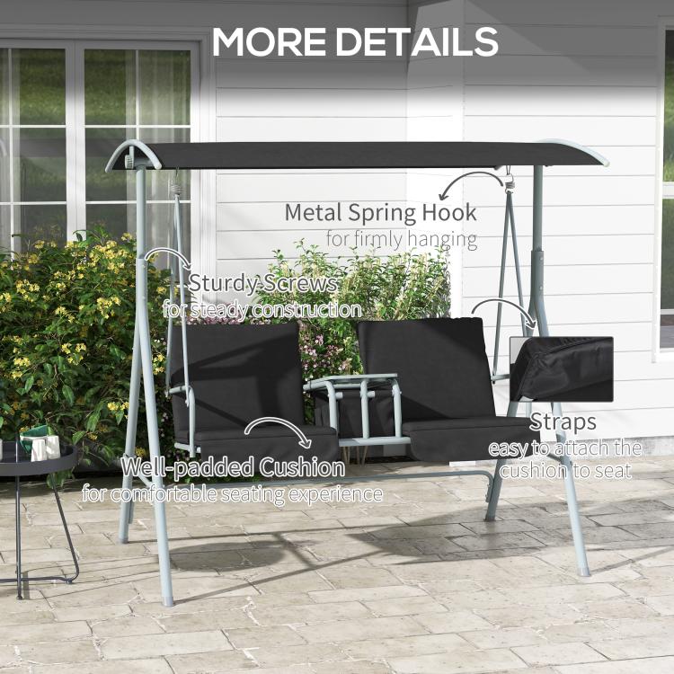 Two-seat porch swing with padded cushions, metal spring hooks, and gray frame details