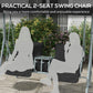 Two-seat porch swing with canopy, black cushions, gray frame and built-in table on patio