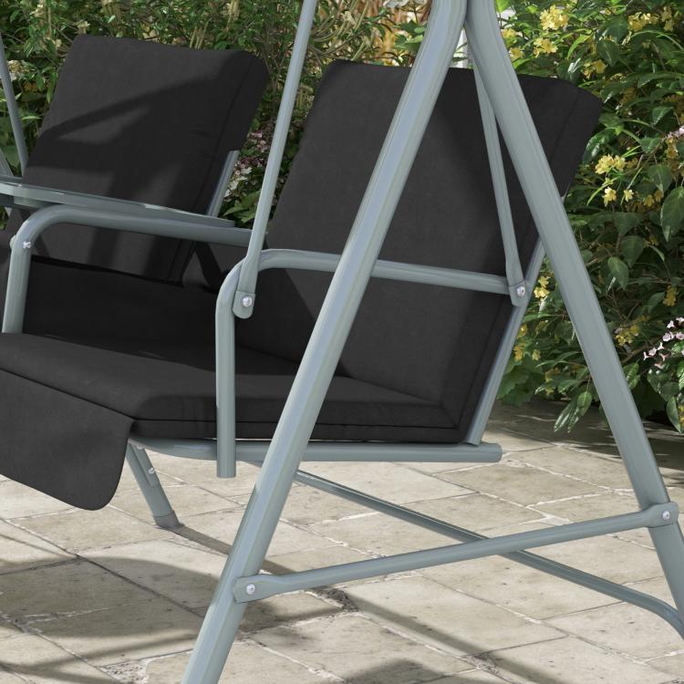 Two-seat swing chair with black cushions and gray metal legs with crossbar support