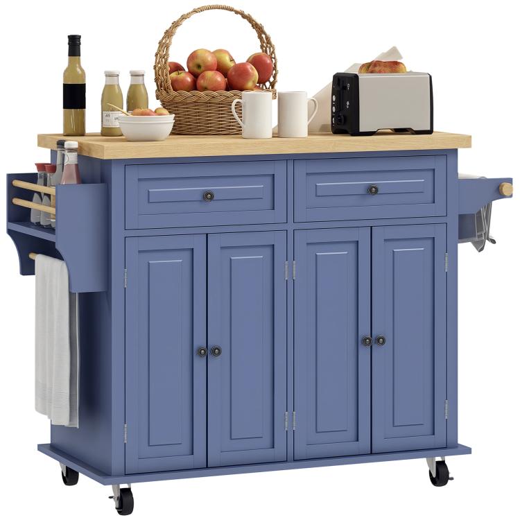 Navy kitchen island cart with rubberwood top, two drawers, and cabinet doors on wheels