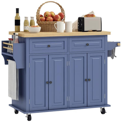 Navy kitchen island cart with rubberwood top, two drawers, and cabinet doors on wheels
