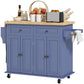Navy rolling kitchen island cart with rubberwood top, drawers, and hanging towel bar