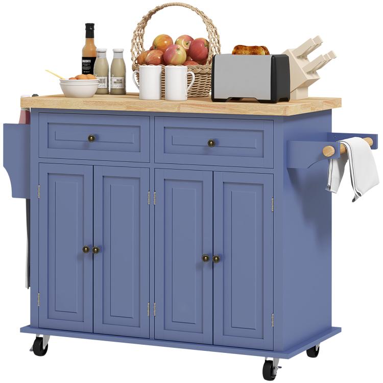 Navy rolling kitchen island cart with rubberwood top, drawers, and hanging towel bar
