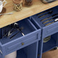 Navy rolling kitchen island cart with wood top, open drawer and utensil storage
