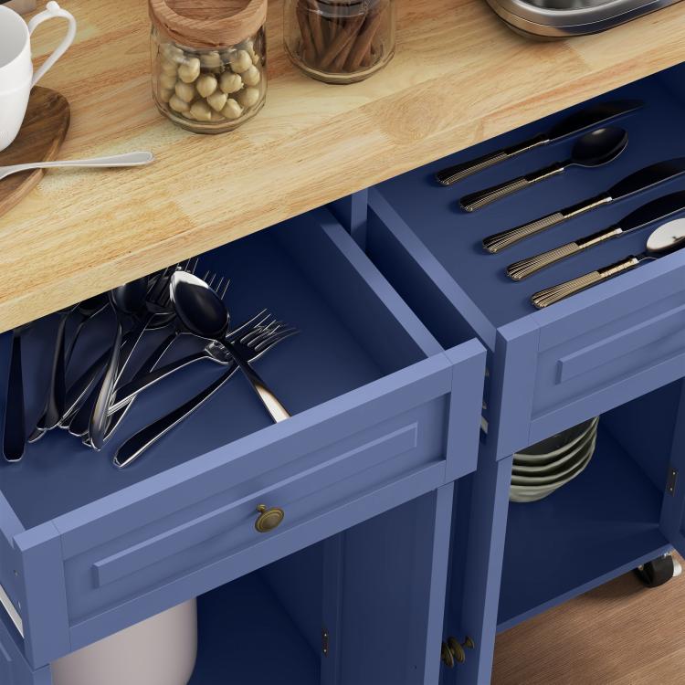 Navy rolling kitchen island cart with wood top, open drawer and utensil storage