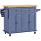 Navy kitchen island on wheels with rubberwood top, two drawers and cabinet doors