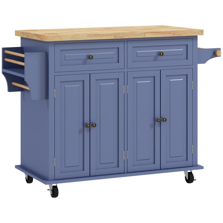Navy kitchen island on wheels with rubberwood top, two drawers and cabinet doors