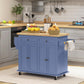 Navy rolling kitchen island cart with rubberwood top, cabinet doors, and open towel rack