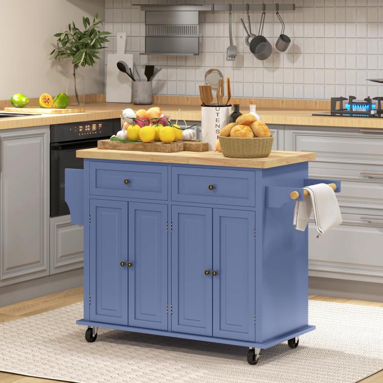 Navy rolling kitchen island cart with rubberwood top, cabinet doors, and open towel rack