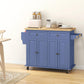 Navy kitchen island cart with rubberwood top, cabinet doors, and drawers on casters