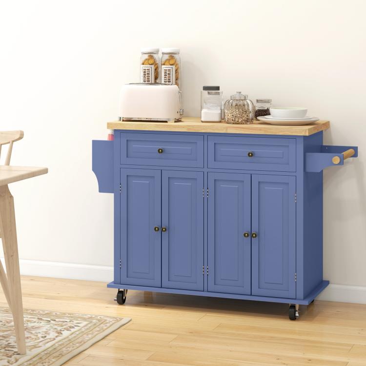 Navy kitchen island cart with rubberwood top, cabinet doors, and drawers on casters