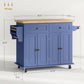 Navy rolling kitchen island cart with rubberwood top, two drawers, and measurement diagram