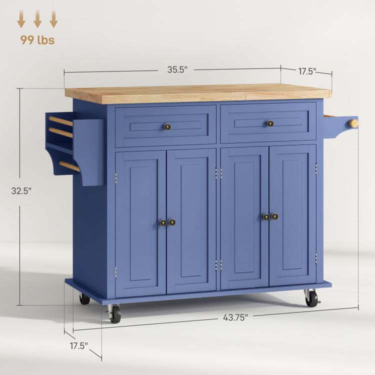 Navy rolling kitchen island cart with rubberwood top, two drawers, and measurement diagram
