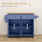 Navy kitchen island cart with open cabinets and adjustable shelf positions