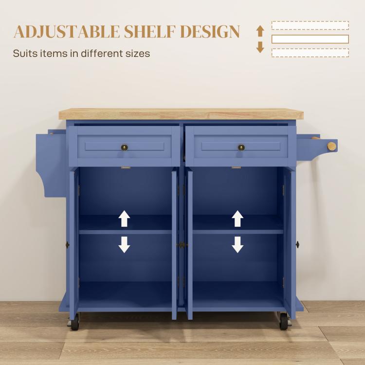 Navy kitchen island cart with open cabinets and adjustable shelf positions