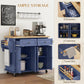 Navy rolling kitchen island cart showing storage features: drawers, cabinets, towel bar, spice rack