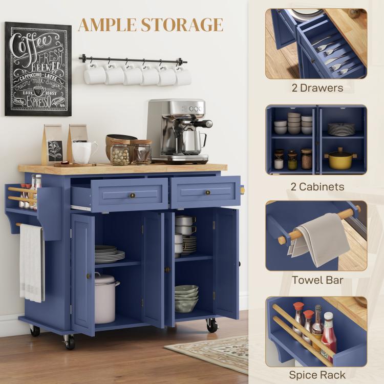 Navy rolling kitchen island cart showing storage features: drawers, cabinets, towel bar, spice rack