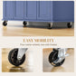 Navy kitchen island cart on four caster wheels, two with brakes