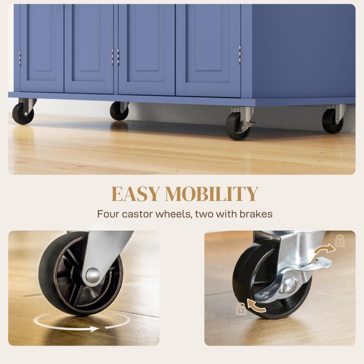 Navy kitchen island cart on four caster wheels, two with brakes