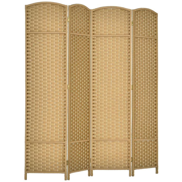 Folding room divider screen, 4-panel natural woven texture with curved top edges