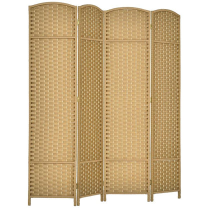 Folding room divider screen, 4-panel natural woven texture with curved top edges