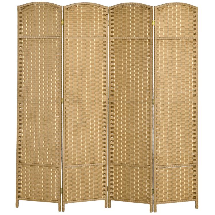 Four-panel folding room divider screen in natural woven finish, freestanding