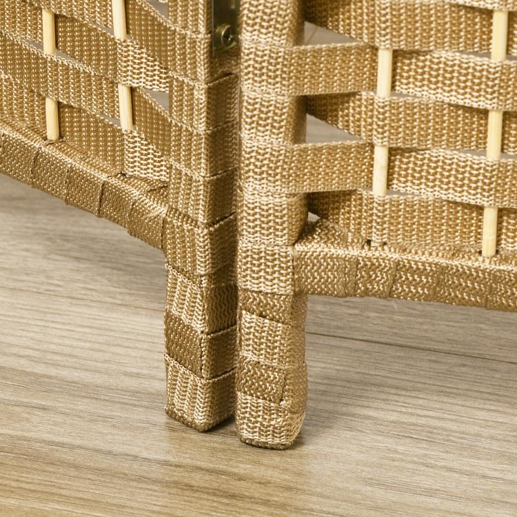 Woven 4-panel room divider screen corner post, natural wood tone and rattan weave