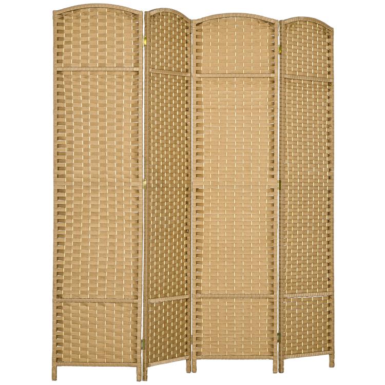 Four-panel woven room divider screen, natural wood frame and lattice weave