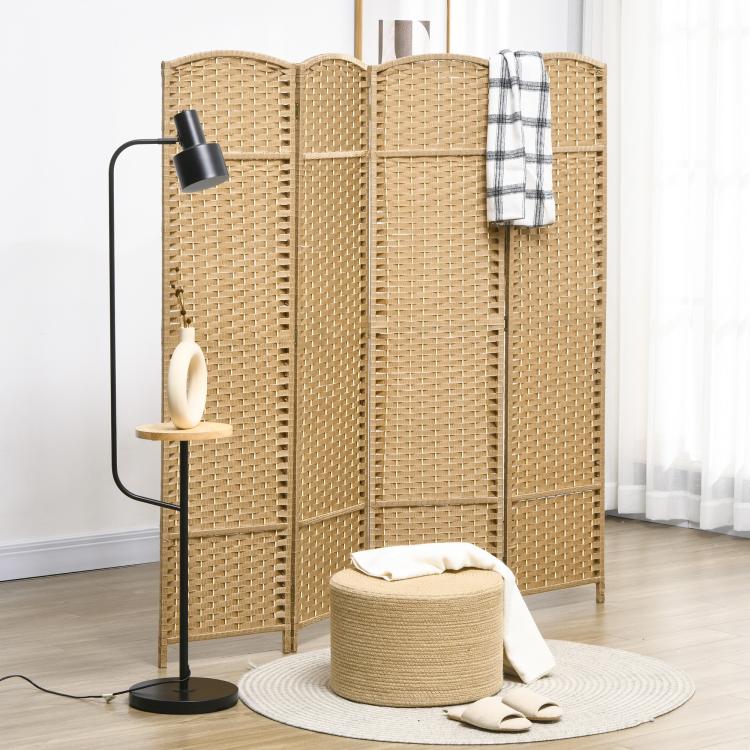 Freestanding 4-panel folding room divider screen with woven panels and rounded tops