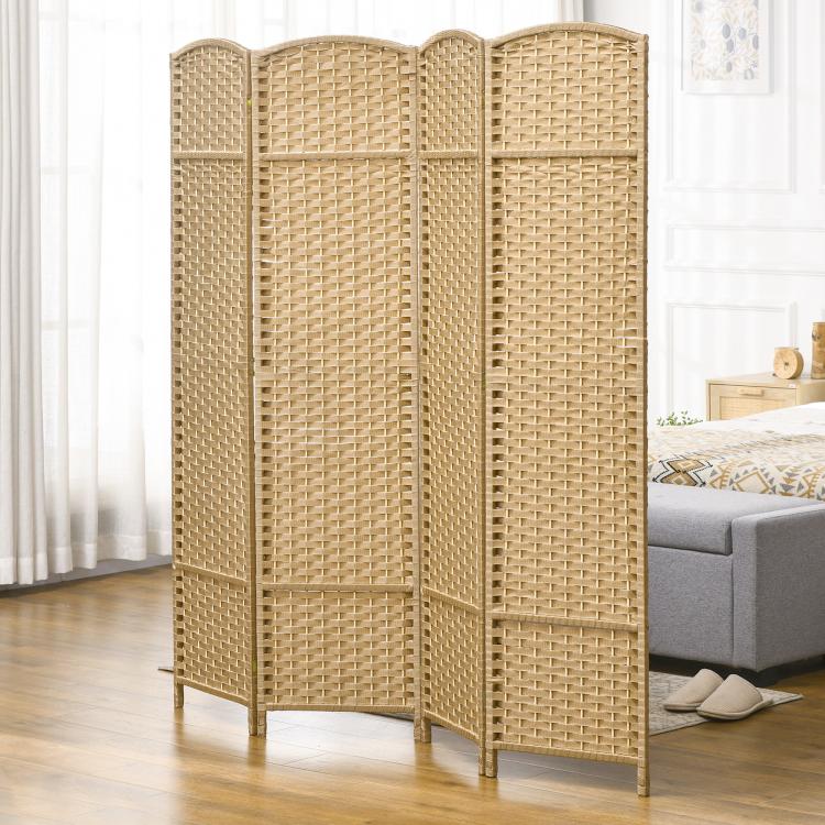 4-panel folding room divider screen, natural woven panels in upright position