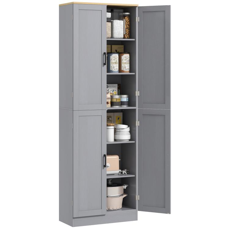 Freestanding 4-door kitchen pantry cabinet with open shelves and interior storage